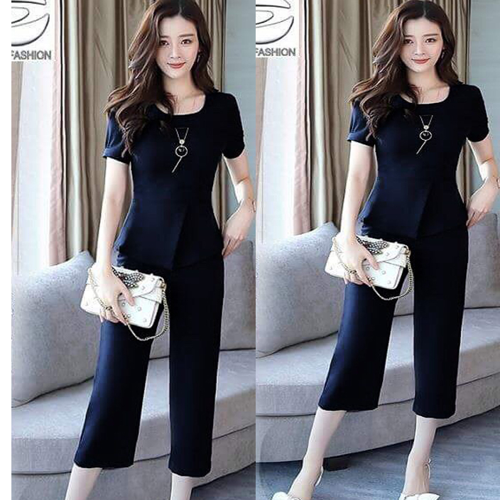 Bộ Áo Croptop Ngắn Tay + Quần Ống Rộng Lưng Cao Thời Trang Mùa Hè Hàng Mới Năm 2021