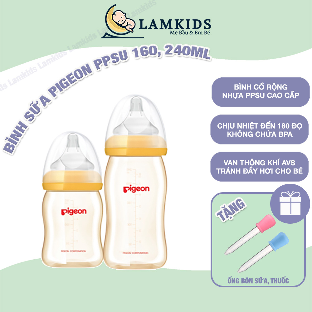 Bình Sữa Cổ Rộng Pigeon PPSU Chính Hãng 160ml/260ml Đủ Size Núm Lamkids