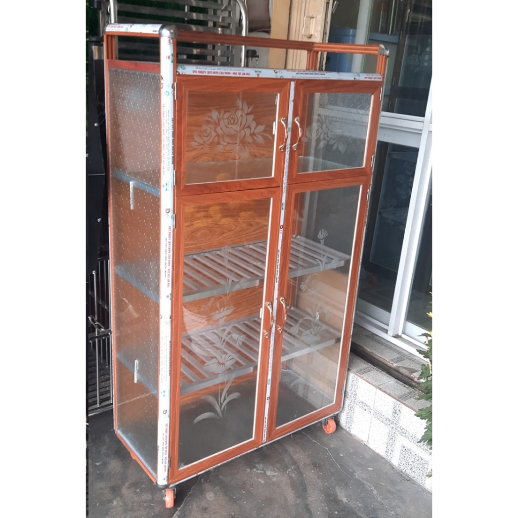Tủ chén nhôm, tủ nhôm kính, tủ đựng bát dĩa màu giả gỗ