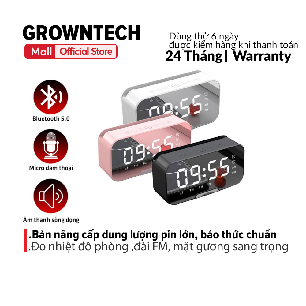 Loa bluetooth nghe nhạc mini đồng hồ GrownTech K12 đa năng đo nhiệt độ phòng, báo thức