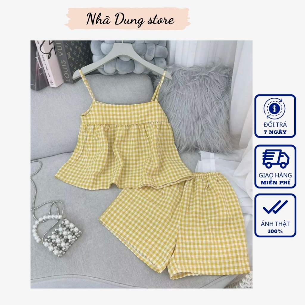 Bộ 2 dây mặc nhà kẻ caro chất đũi xốp thô Thái mềm mại,nhẹ nhàng,thoáng mát có túi Nhã Dung Store