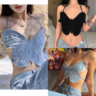 Áo denim hình cánh bướm/ Áo jean cột dây/ Áo yếm 2 dây dáng ôm cột dây quyến rũ màu xanh, màu đen A1