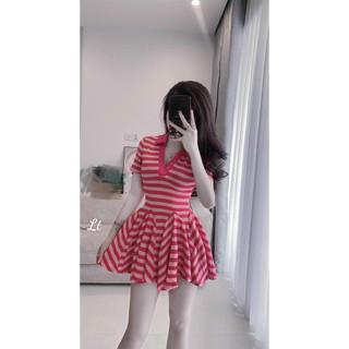Đầm gân ngắn dáng xoè cổ sơ mi về 2 màu đen trắng