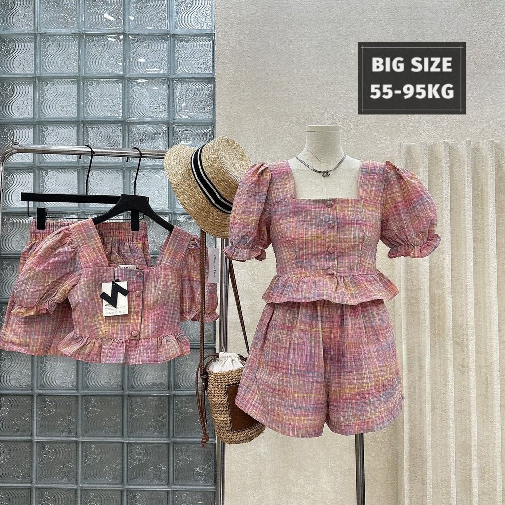 Set bộ bigsize kẻ hồng hotrend, áo kiểu chun ngực kèm quần short bigsize