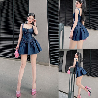 Đầm 2 dây jeans cổ vuông đan dây ngực hack eo đầm jeans đi chơi sexy bigsize Kim Ngân từ 50 kg đến 100 kg M/L/XL/XXL