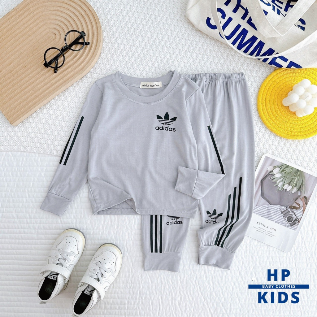 Bộ dài in logo adidas (9-25kg) Minky Mom, vải thun lạnh, phong cách thể thao năng động cho bé