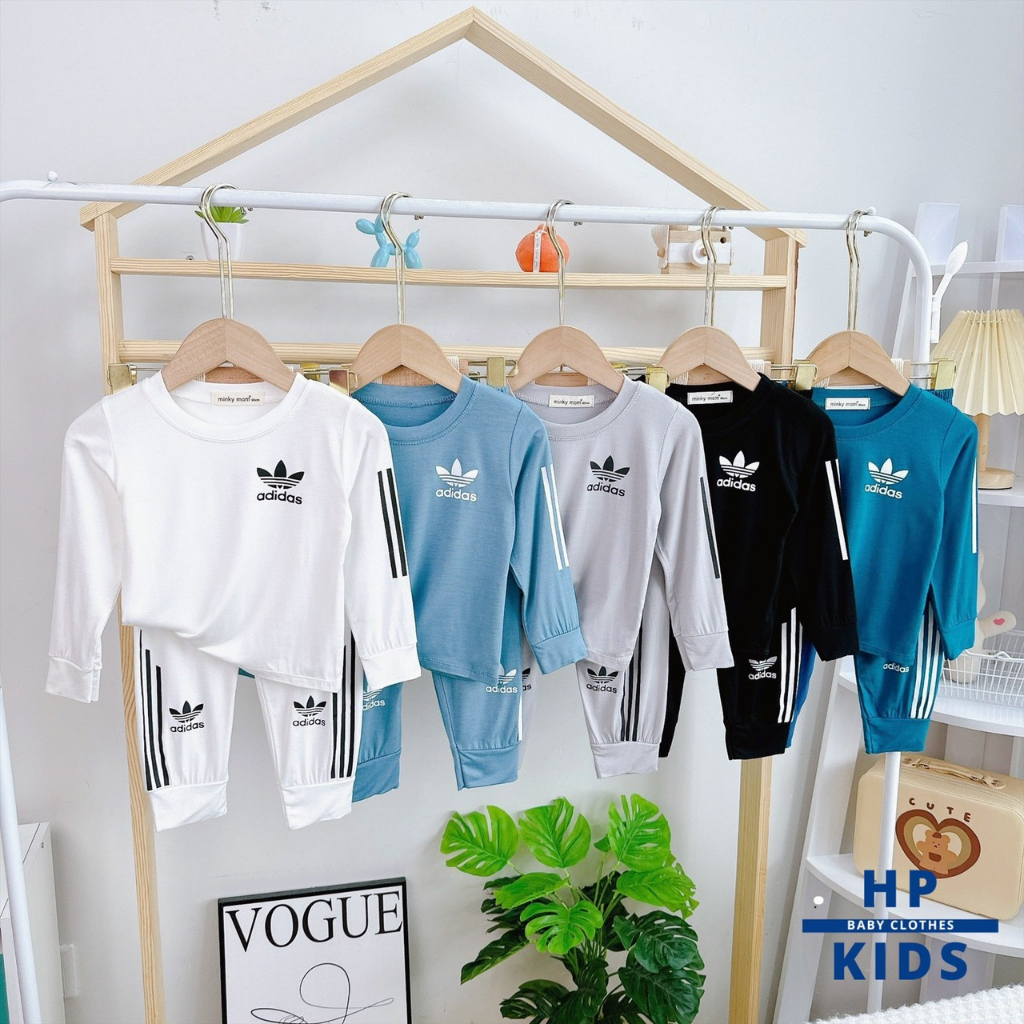 Bộ dài in logo adidas (9-25kg) Minky Mom, vải thun lạnh, phong cách thể thao năng động cho bé