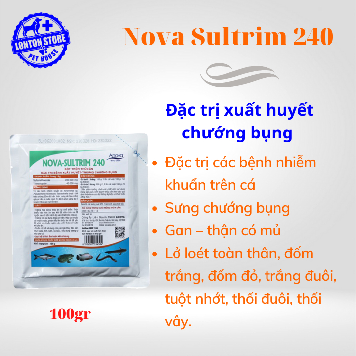 ANOVA Nova Sultrim 240 - Phòng nhiễm trùng, xuất huyết, trương chướng bụng, đốm đỏ trên cá, gói 100gr