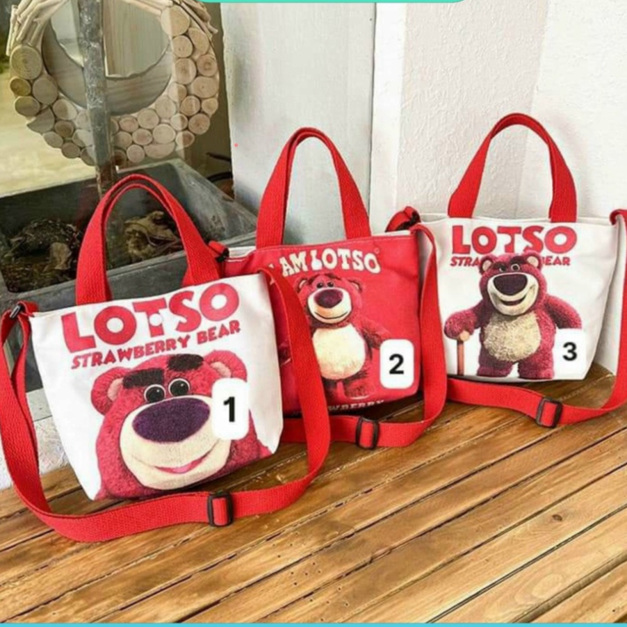 Túi gấu dâu LOTSOFREESHIPTúi đeo vaivải canvas in hình gấu/ dâu tây thời trang dễ thương