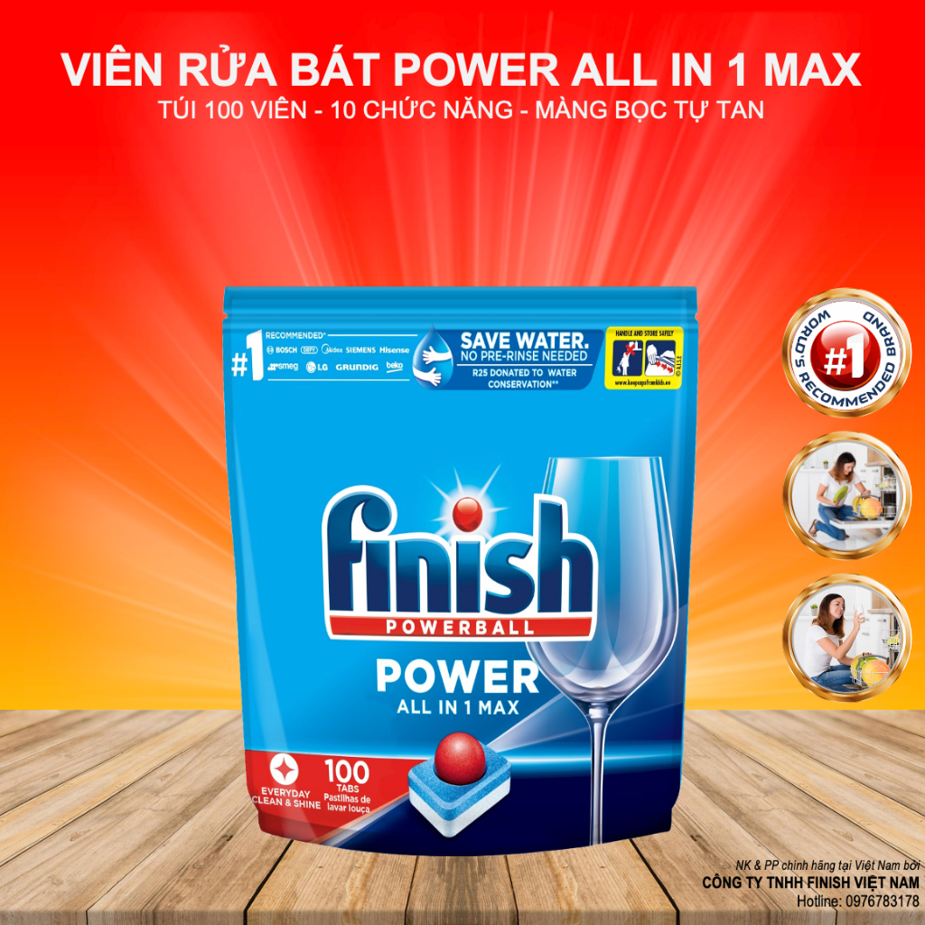 Viên rửa bát Finish Power All in 1 Max túi 100 viên 10 chức năng rửa cực