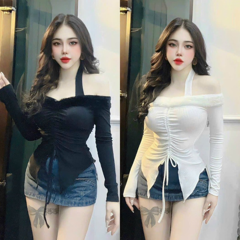 ÁO Thun Tay Dài TRỄ VAI RÚT DÂY Vạt Nhọn Phối Lông Ngắn