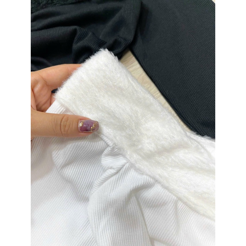 ÁO Thun Tay Dài TRỄ VAI RÚT DÂY Vạt Nhọn Phối Lông Ngắn