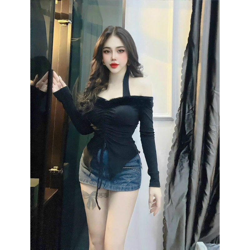 ÁO Thun Tay Dài TRỄ VAI RÚT DÂY Vạt Nhọn Phối Lông Ngắn