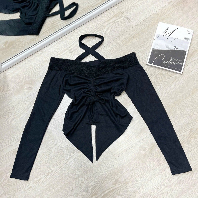 ÁO Thun Tay Dài TRỄ VAI RÚT DÂY Vạt Nhọn Phối Lông Ngắn