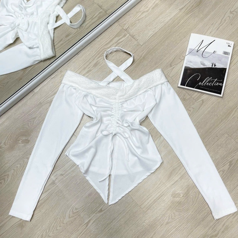 ÁO Thun Tay Dài TRỄ VAI RÚT DÂY Vạt Nhọn Phối Lông Ngắn