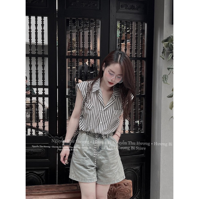 Áo sơ mi kẻ GU tay liền dáng crotop rút eo