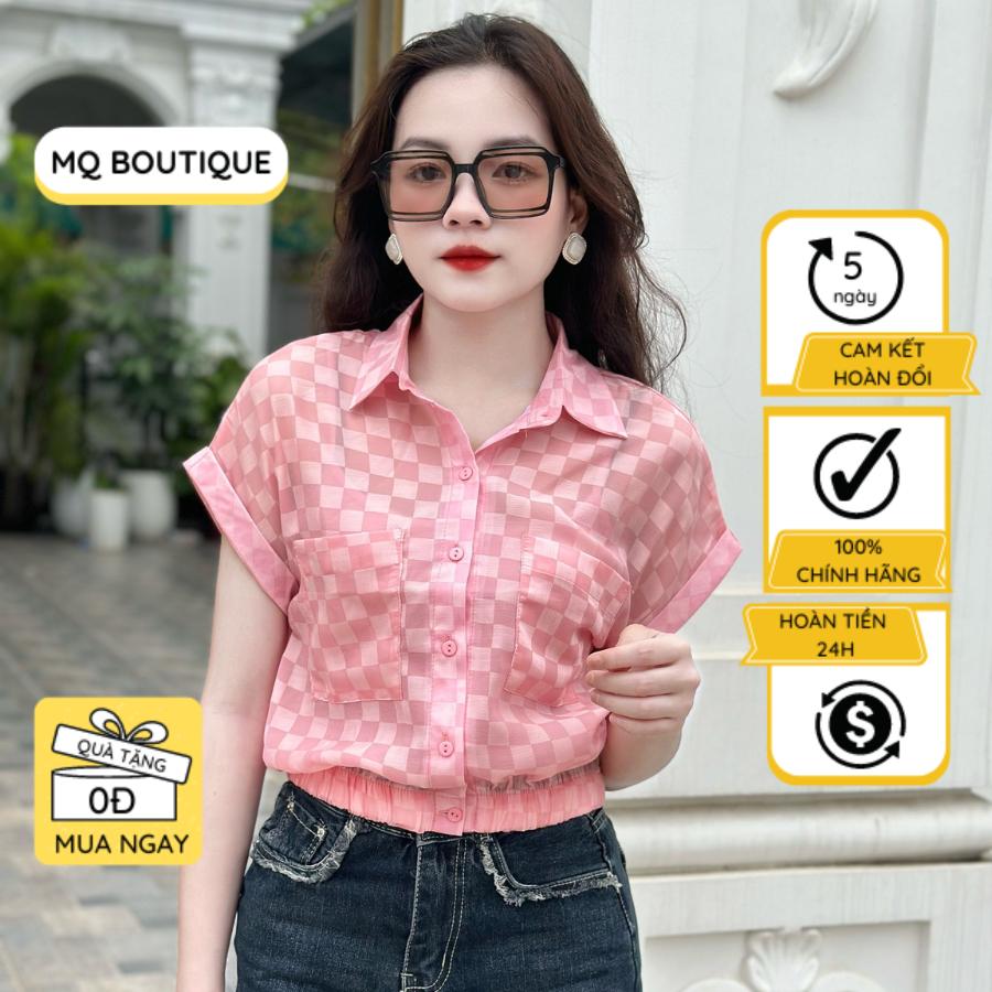 Áo cộc tay nữ bo gấu cao cấp sơ mi công sở tay cánh dơi ô vuông nhiều màu , áo sơ mi họa tiết thiết kế MQ Boutique