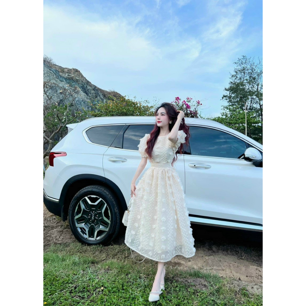 Đầm dự tiệc,Đầm bông nổi tay phồng, cổ tròn, cách điệu dáng xòe, chất xô bông hột phù hợp đi chơi, cafe
