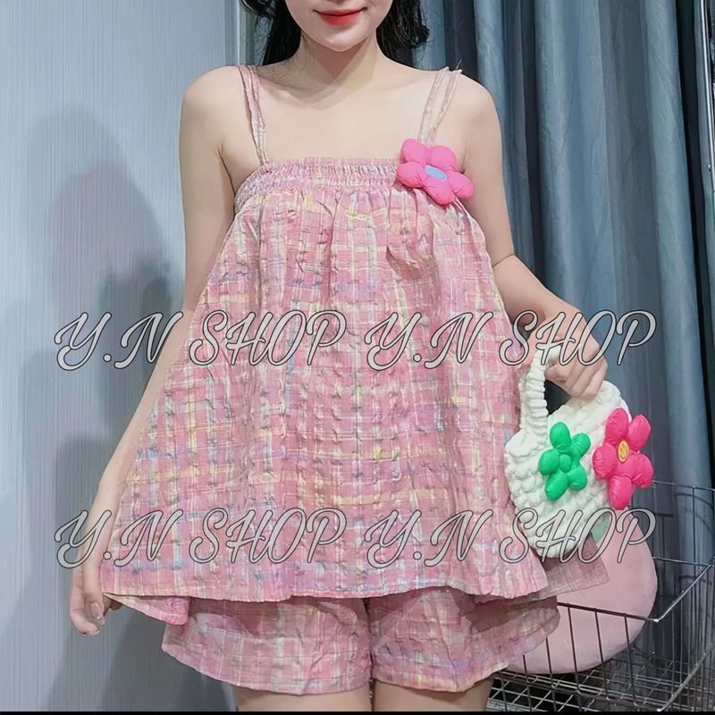 B37 Set Babydoll Kẻ Hồng Áo 2Dây Đôi Đính Hoa To Kèm Quần Short Siêu Cute
