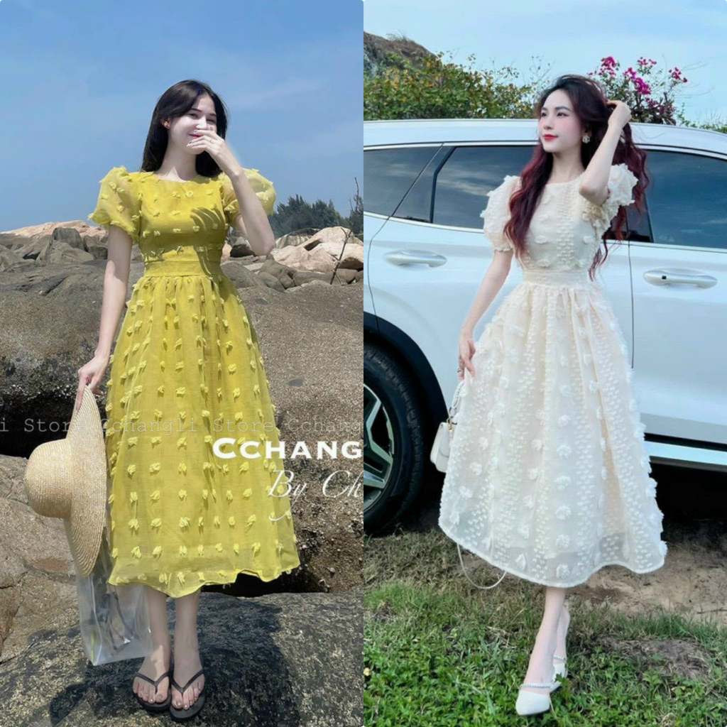 Váy đầm nữ dáng xòe tay phồng cổ tròn xinh xắn chất xô bông y mẫu