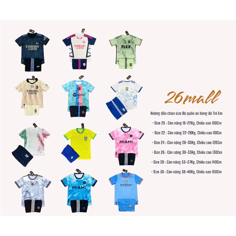 Bộ Quần Áo Đá Bóng Trẻ Em MIAMI Bé Trai Bé Gái Vải Mè Thoáng Mát Từ 18kg đến 39kg