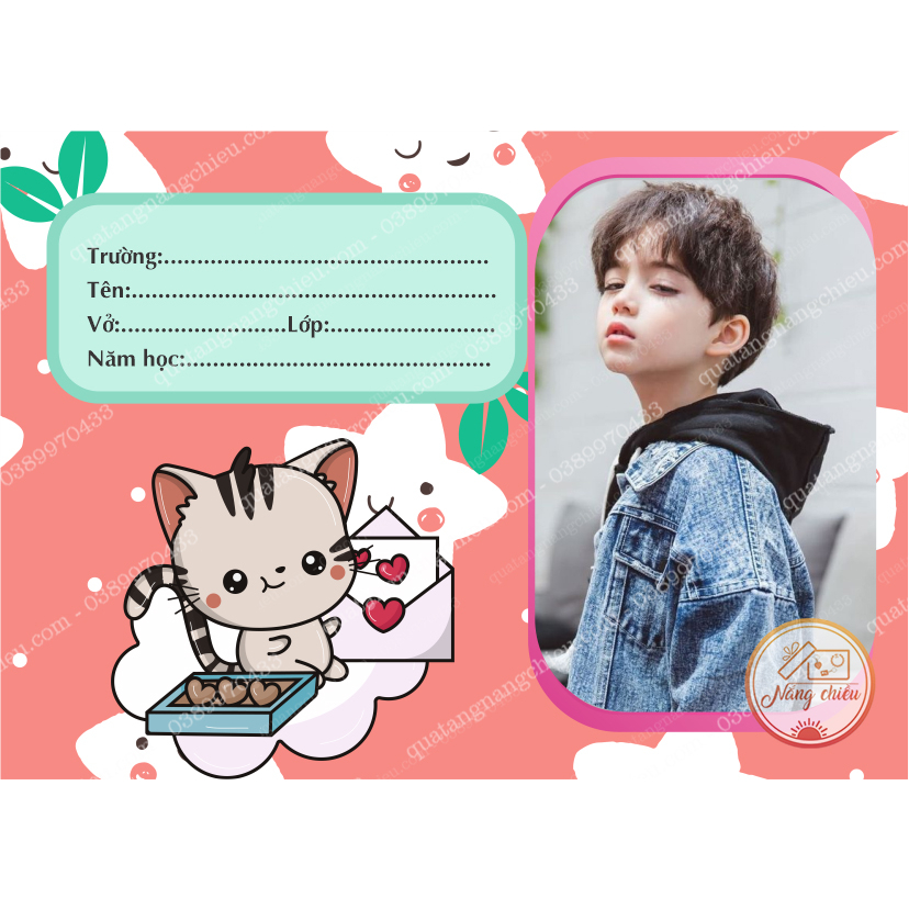 Combo 16 nhãn dán in sẵn tên bé tiện lợi - Nhãn vở in ảnh theo yêu cầu - Mẫu thiết kế hình mèo cute - Có keo dán - 005