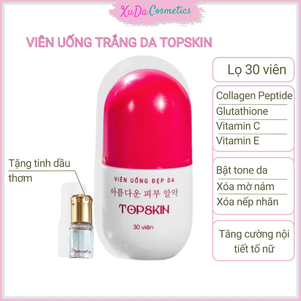 Viên uống đẹp da TopSkin, dưỡng trắng da, tăng cường nội tiết tố, giảm thâm nám tàn nhang, đều màu da 30 viên