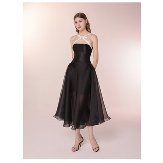 Ariana Dress - Đầm đen nơ cổ phối áo khoác