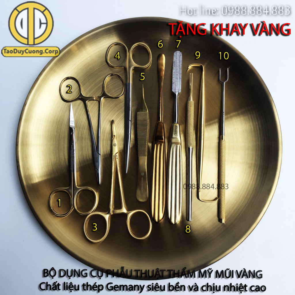 (Combo 10 món) Bộ dụng cụ phẫu thuật thẩm mỹ Mũi màu vàng Gemany TẶNG KHAY VÀNG