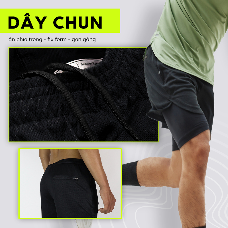 Quần Short Nam Thể Thao 2 Lớp Shamdi Co Giãn 4 Chiều Thấm Hút Nhanh, Khô Thoáng, Khử Mùi, Kháng Khuẩn - SD1000
