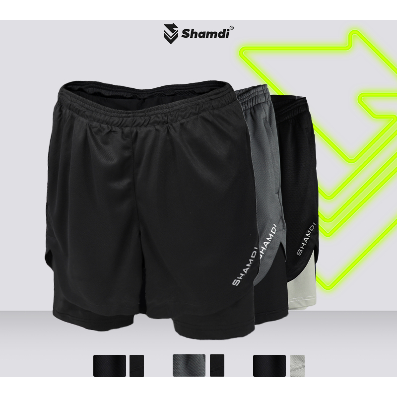 Quần Short Nam Tập Gym Thể Thao 2 Lớp Shamdi Co Giãn 4 Chiều Thấm Hút Nhanh, Khô Thoáng, Khử Mùi, Kháng Khuẩn - SD1000