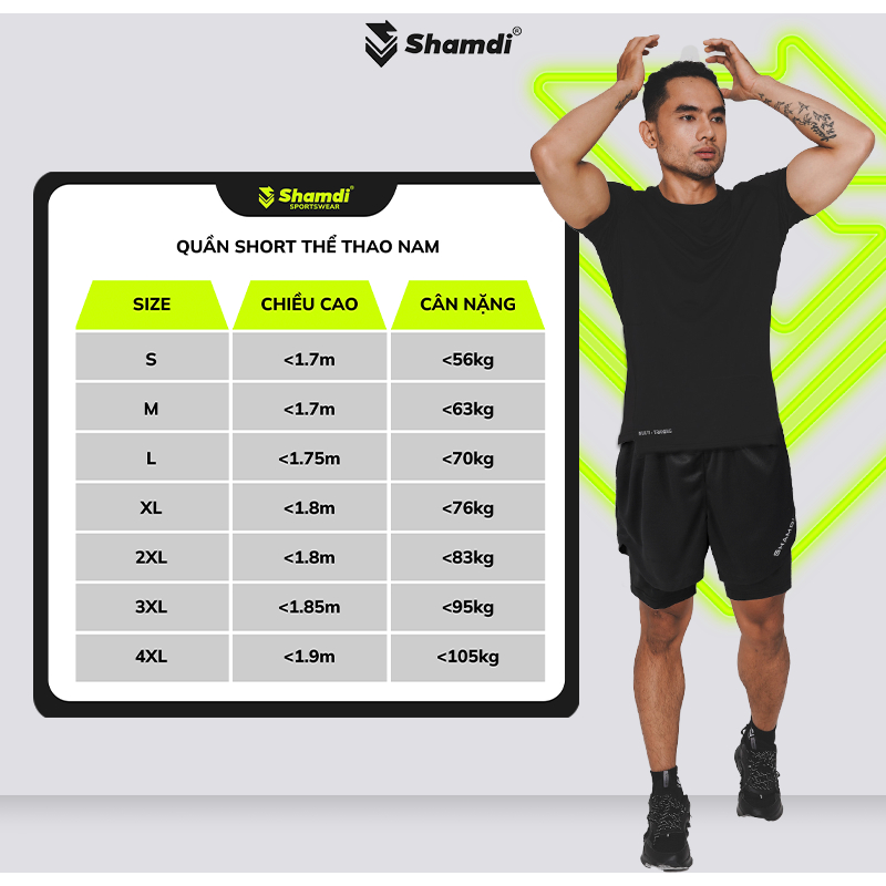 Quần Short Nam Tập Gym Thể Thao 2 Lớp Shamdi Co Giãn 4 Chiều Thấm Hút Nhanh, Khô Thoáng, Khử Mùi, Kháng Khuẩn - SD1000