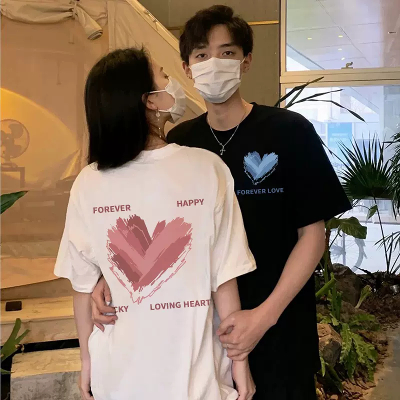 Bộ Đồ đôi nam nữ cùng người yêu  trái tim mùa hè đi biển A107 couple love áo thun phông tay lỡ và áo croptop baby tee