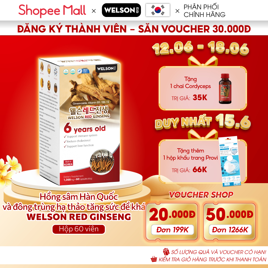 Hồng Sâm Hàn Quốc và Đông Trùng Hạ Thảo tăng sức đề kháng Welson Red Ginseng hộp 60 viên
