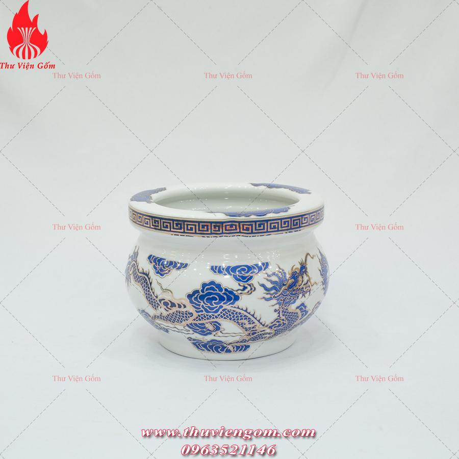 Bát hương lựu Rồng Phượng Phúc Lộc Thọ xanh kim Bát Tràng