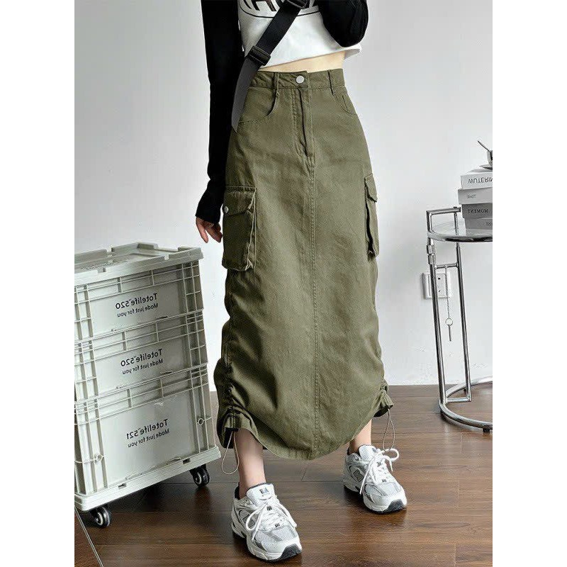 Ảnh thật - Váy nữ Form dài túi Hộp chất Kaki loại 1 - Váy túi hộp Kaki