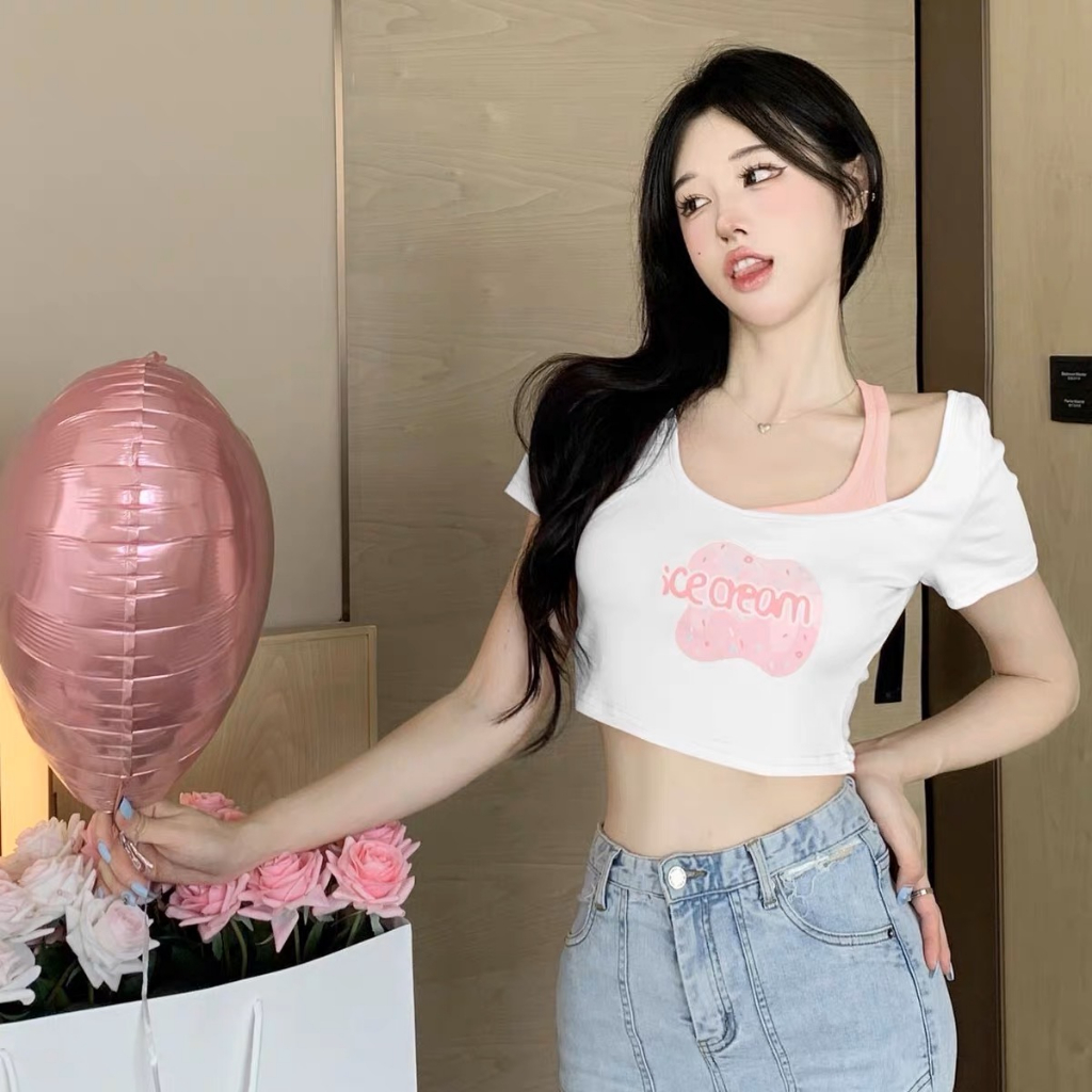 Áo Croptop Tay Ngắn Phối Xích In Chữ ICE CREAM Siêu Đáng Yêu Cho Nữ