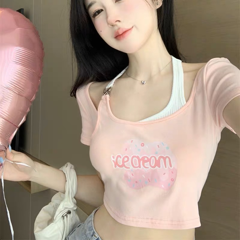 Áo Croptop Tay Ngắn Phối Xích In Chữ ICE CREAM Siêu Đáng Yêu Cho Nữ