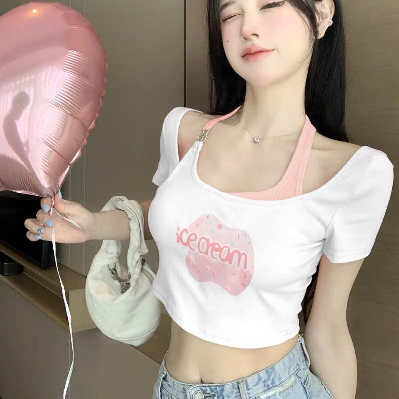 Áo Croptop Tay Ngắn Phối Xích In Chữ ICE CREAM Siêu Đáng Yêu Cho Nữ