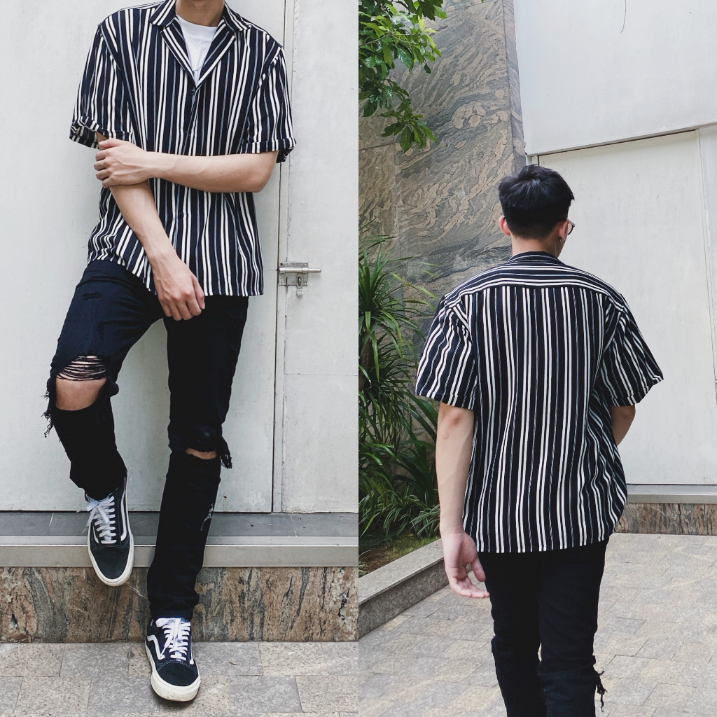 Áo sơ mi tay lỡ Gucoon, Áo Cuban Shirt kẻ dọc màu đen