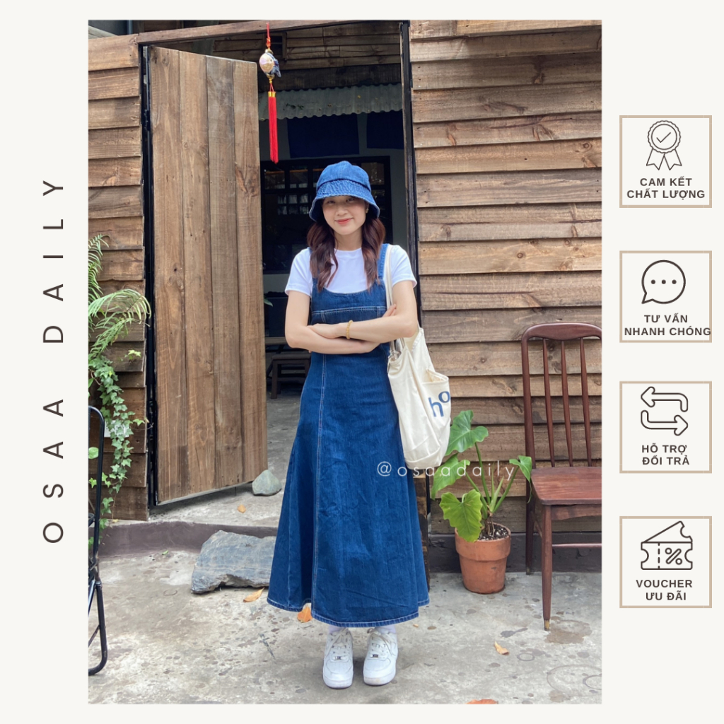 Váy yếm bò dáng dài chữ A váy yếm jeans phong cách Ulzzang | Osaa Daily