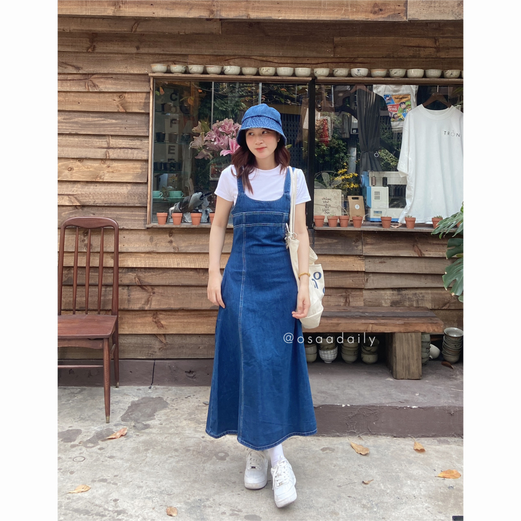 Váy yếm bò dáng dài chữ A váy yếm jeans phong cách Ulzzang | Osaa Daily