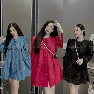 Váy Đầm BabyDoll Tay Dài Chất Tăm Nhung, Váy Nhung Tay Dài Cổ Bèo Cài Nút Đơn Giản Dễ Thương