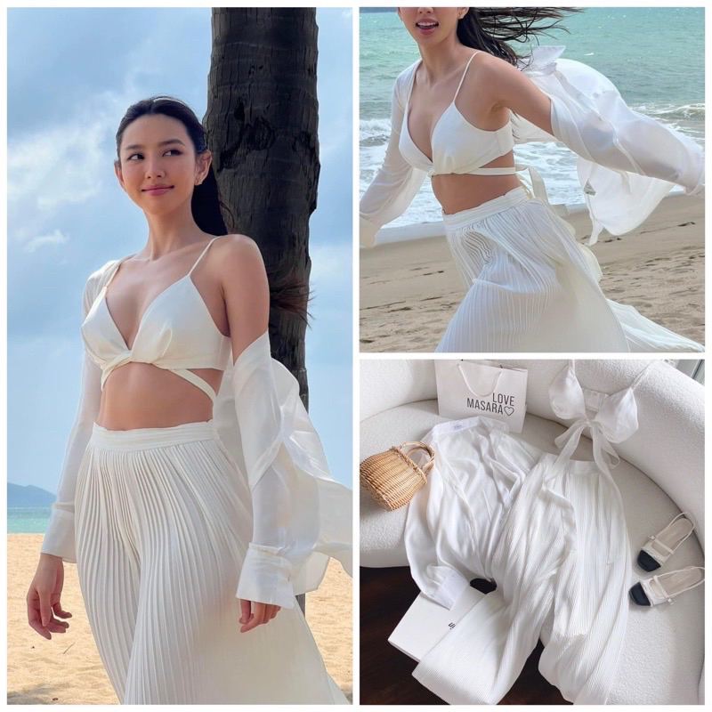 Set Đi Biển 3 Món Khoác Sơ Mi Áo Bra Kèm Quần Dài Dập Ly Trắng, Set 3 Món Trắng Đi Biển Hàng Loại 1 Sang Chảnh