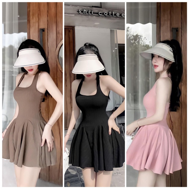 Váy Đầm Xoè Dây Chất Liệu Thun Xương Cá Có Sẵn Mút Ngực Kèm Quần Trong, Váy Ba Lỗ 2 Dây Thường Mặc Dễ Thương
