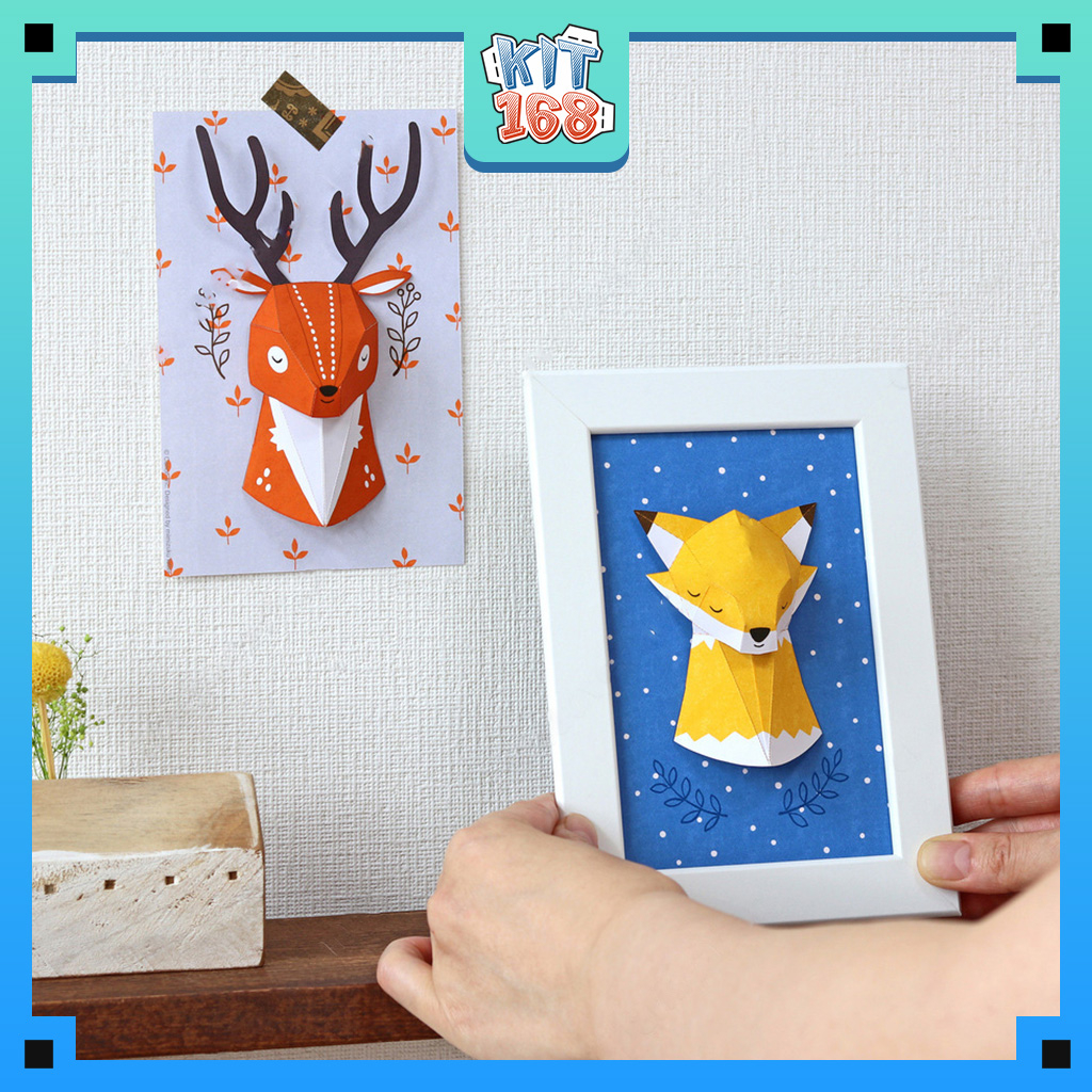 Mô hình giấy đồ vật đồ chơi Tranh đầu Hươu và Cáo treo tường