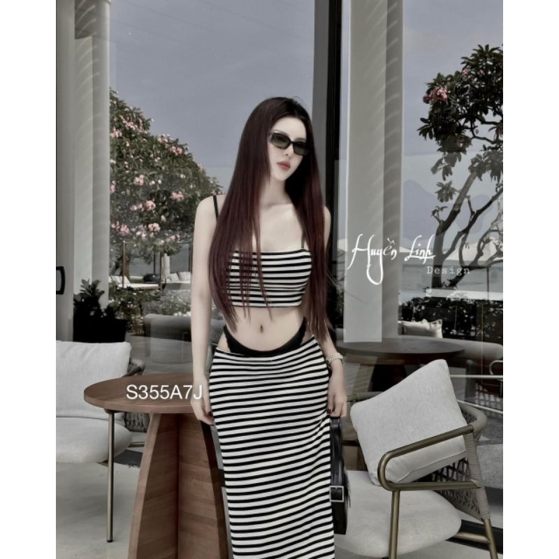 Set Bộ Đồ Nữ Áo Hai Dây Croptop Mix Chân Váy Đuôi Cá Maxi Hoạ Tiết Kẻ Sọc Ôm Sang Chảnh ,Quyến Rũ -S3557