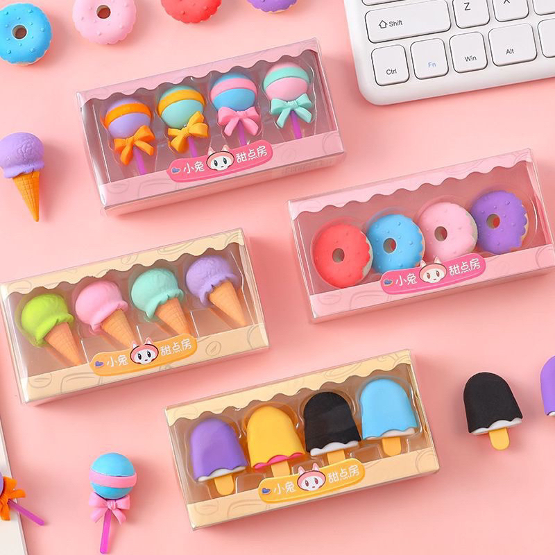 Set 4 Gôm Tẩy 3D Hình Bánh Donut Kem Kẹo Mút Dễ Thương Xinh Xắn Cục Tẩy Họa Tiết Cute Giá Rẻ Học Sinh HAPPI