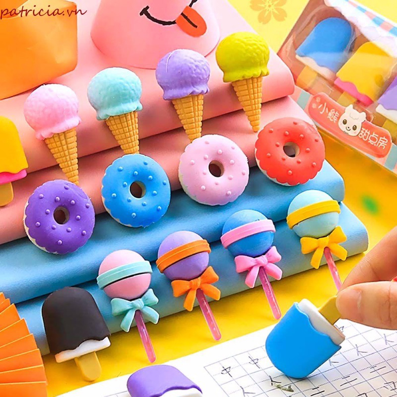 Set 4 Gôm Tẩy 3D Hình Bánh Donut Kem Kẹo Mút Dễ Thương Xinh Xắn Cục Tẩy Họa Tiết Cute Giá Rẻ Học Sinh HAPPI