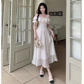 Đầm Kiểu Tiểu Thư Tay Ren Cổ Tích Màu Trắng Nhún Vai Đi Du Lịch Cho Nữ